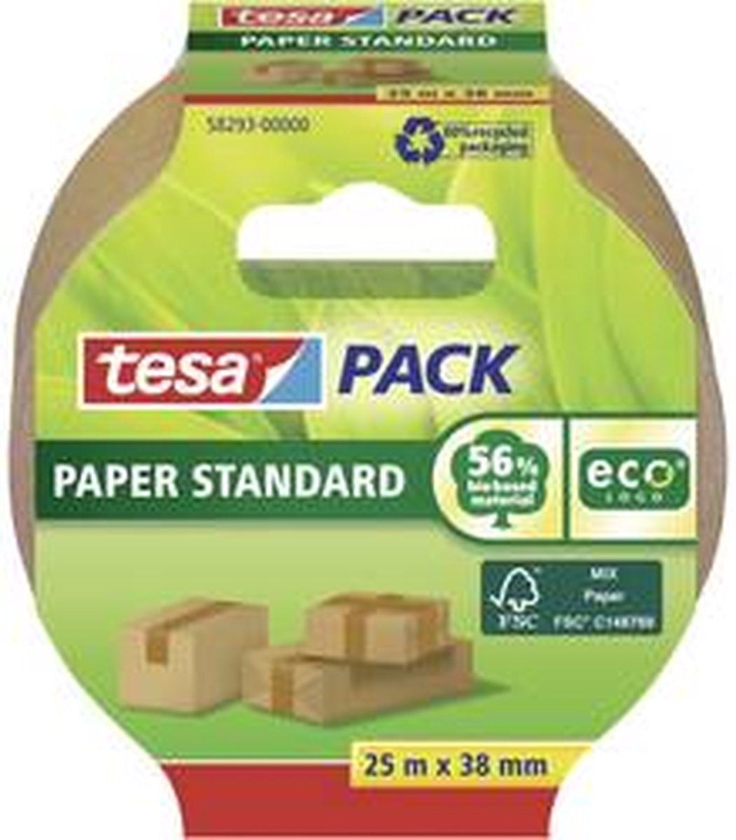tesa tesapack Paper Standard - Milieuvriendelijke Papieren Verpakkingstape, 56% Biologische Materialen - Efficiënt en Recyclebaar - Bruin - 25 m x 38 mm