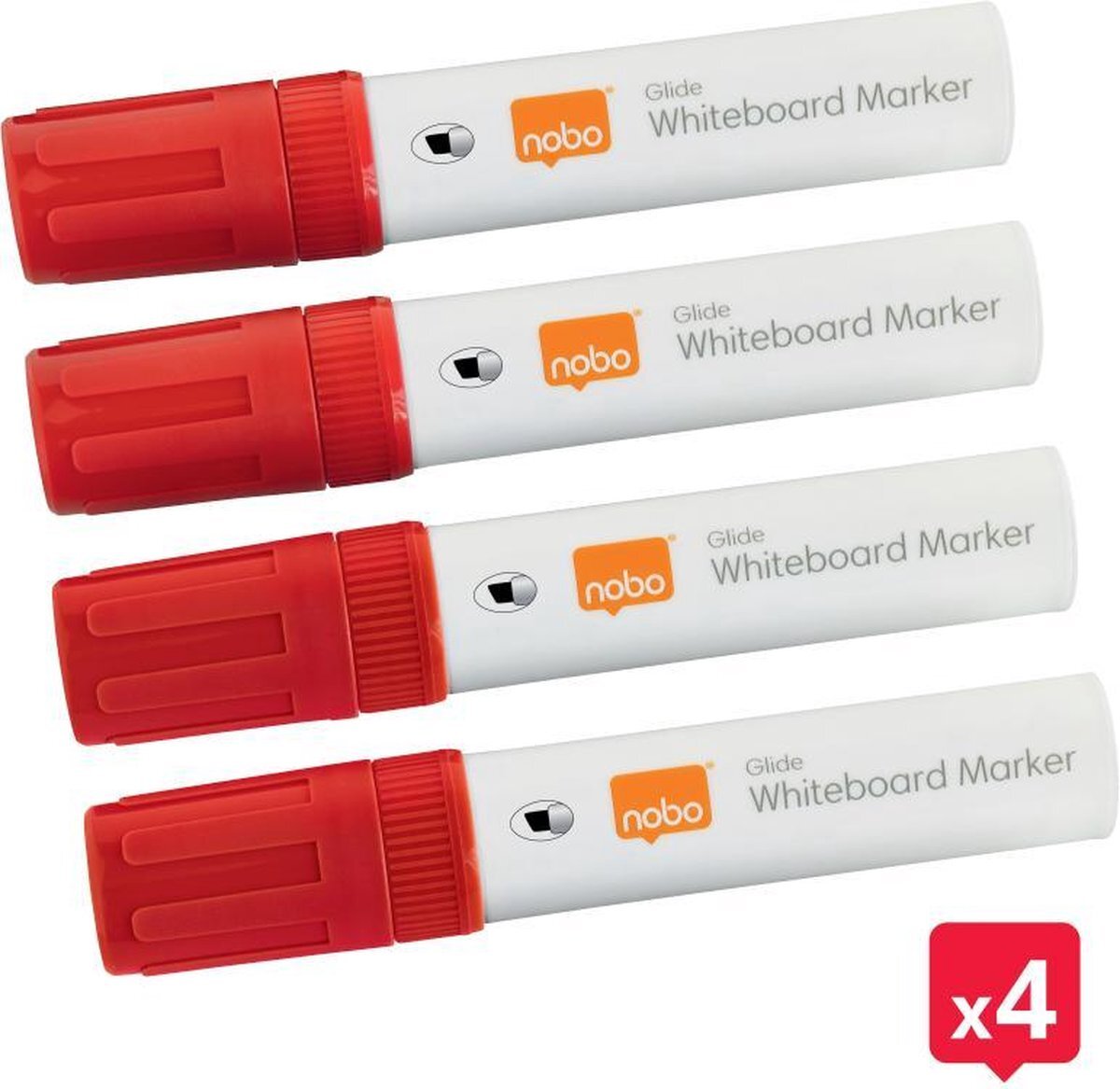 Nobo Glide Whiteboard Markers - Whiteboard Stiften Met Grote Beitelvormige Punt - 4 Stuks - Rood