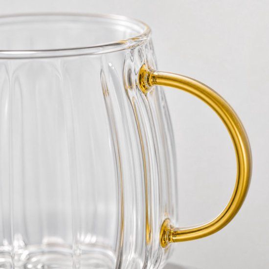 CHiATO Gegroefd latte glas met goudkleurig oor, 400 ml – Transparant