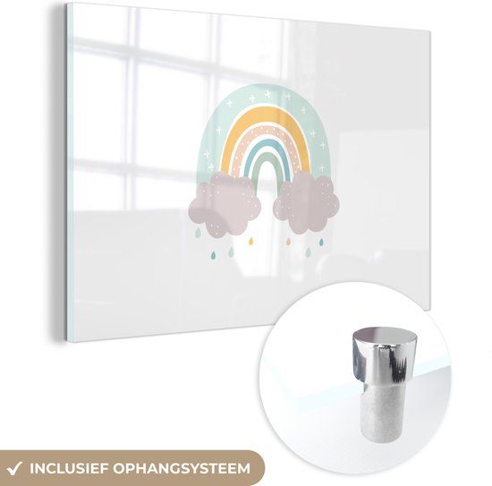MuchoWow® Glasschilderij 150x100 cm - Regenboog Wolken Kinderen - Acrylglas Schilderij