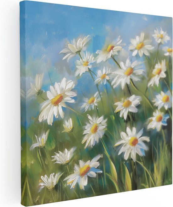 Artaza Canvas Schilderij Witte Madeliefjes in een Veld - 70x70 cm - Canvas Print