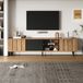 MODFU - Meuble TV avec 3 portes et niches ouvertes - Scandinave - Panneau de particules et verre trempé - Naturel et noir - 175 x 31,5 x 45 cm