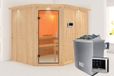 Karibu Malin Sauna met dakrand, helder glazen deur, kachel 9 kW externe bediening