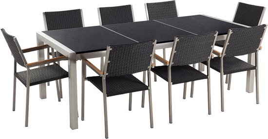 Beliani Tuinset gepolijst graniet/RVS zwart driedelig tafelblad 220 x 100 cm met 8 stoelen zwart rotan GROSSETO