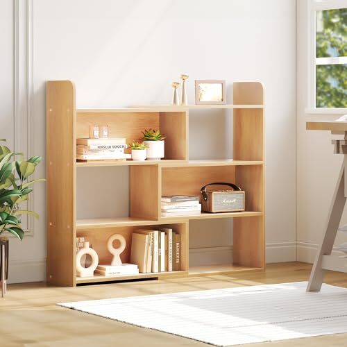 YITAHOME YITAHOME Boekenkast met 4 niveaus, open boekenkast, boekenplank met 6 opbergkasten, houten display, opbergrek, kantoor, voor woonkamer, slaapkamer, eiken, 60 x 24 x 90 cm