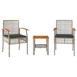 VidaXL 3-delige Bistroset met Kussens, Poly Rattan en Acaciahout, Grijs