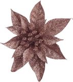 Cosy & Trendy Kerstboomversiering op clip - donker beige - glitter bloem 15 cm