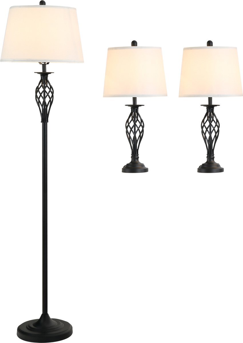 HomeGoodz Driedelige set van 1 staande lamp en 2 tafellampen - Vloerlamp - Stalamp - tafellamp - Vintage - Klassiek - Zwart/wit