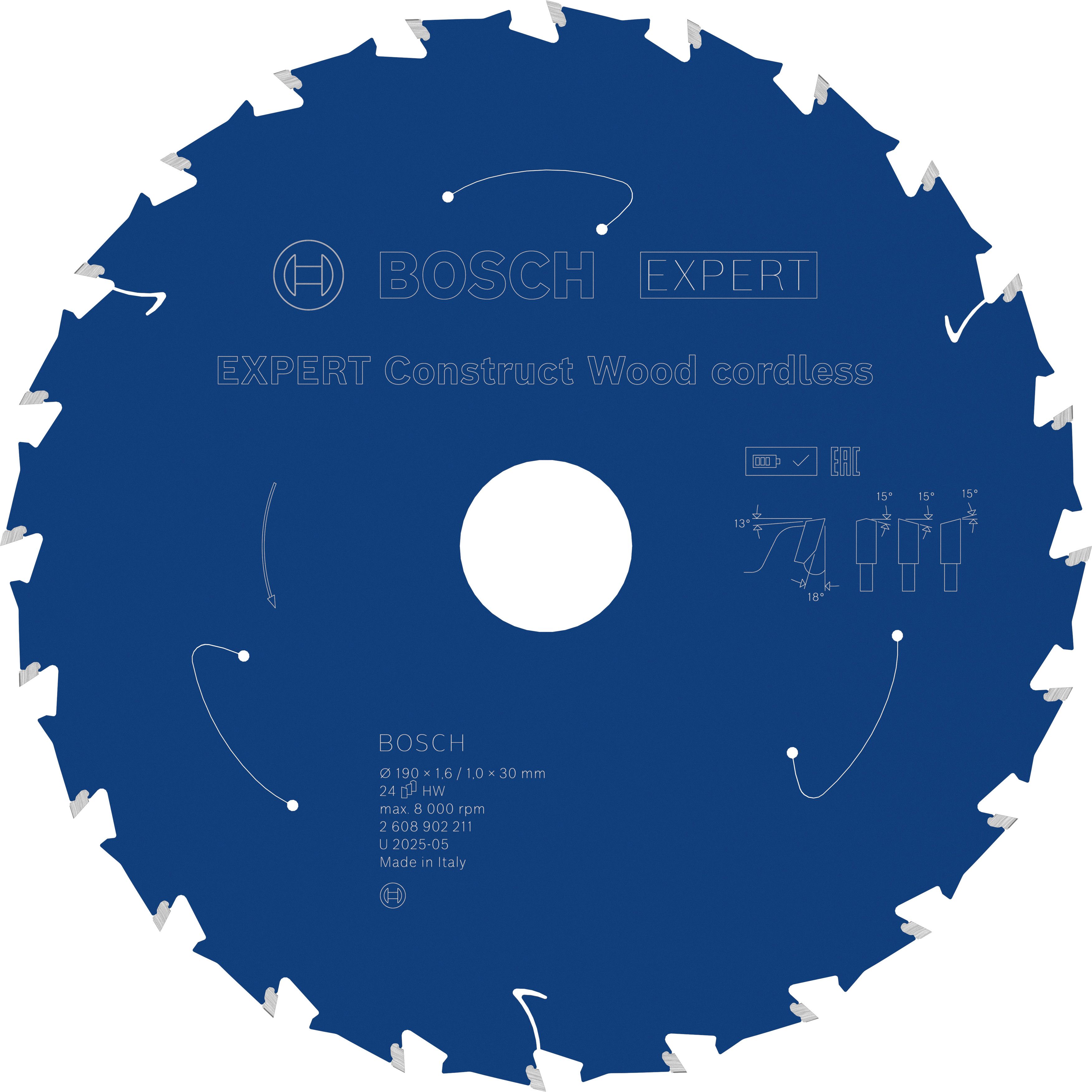 Bosch Accessoires EXPERT Construct Wood cordless Cirkelzaagblad | 190 x 1,6/1 x 30 mm | T24 - 2608902211