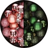 Merkloos / Sans marque Kaemingk B.V. Kerstballen 34x st - 3 cm - roze en donkergroen - kunststof