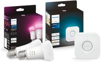 Philips Hue E27 Starterkit - Inclusief 2 Lampen en Hue Bridge - Wit en Gekleurd Licht - Dimbaar - Verbind met Bluetooth of Bridge - Werkt met Alexa en Google