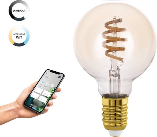 EGLO Connect Smart LED Lamp - E27 - Globe - Ø 8 cm - Dimbaar - 400 lm - Warm Wit Licht