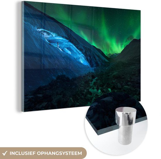 MuchoWow® Glass Painting 150x100 cm - Acrylic Glass Painting - Northern Lights above the Athabasca Glacier in Canada - Photo on Glass - Paintings