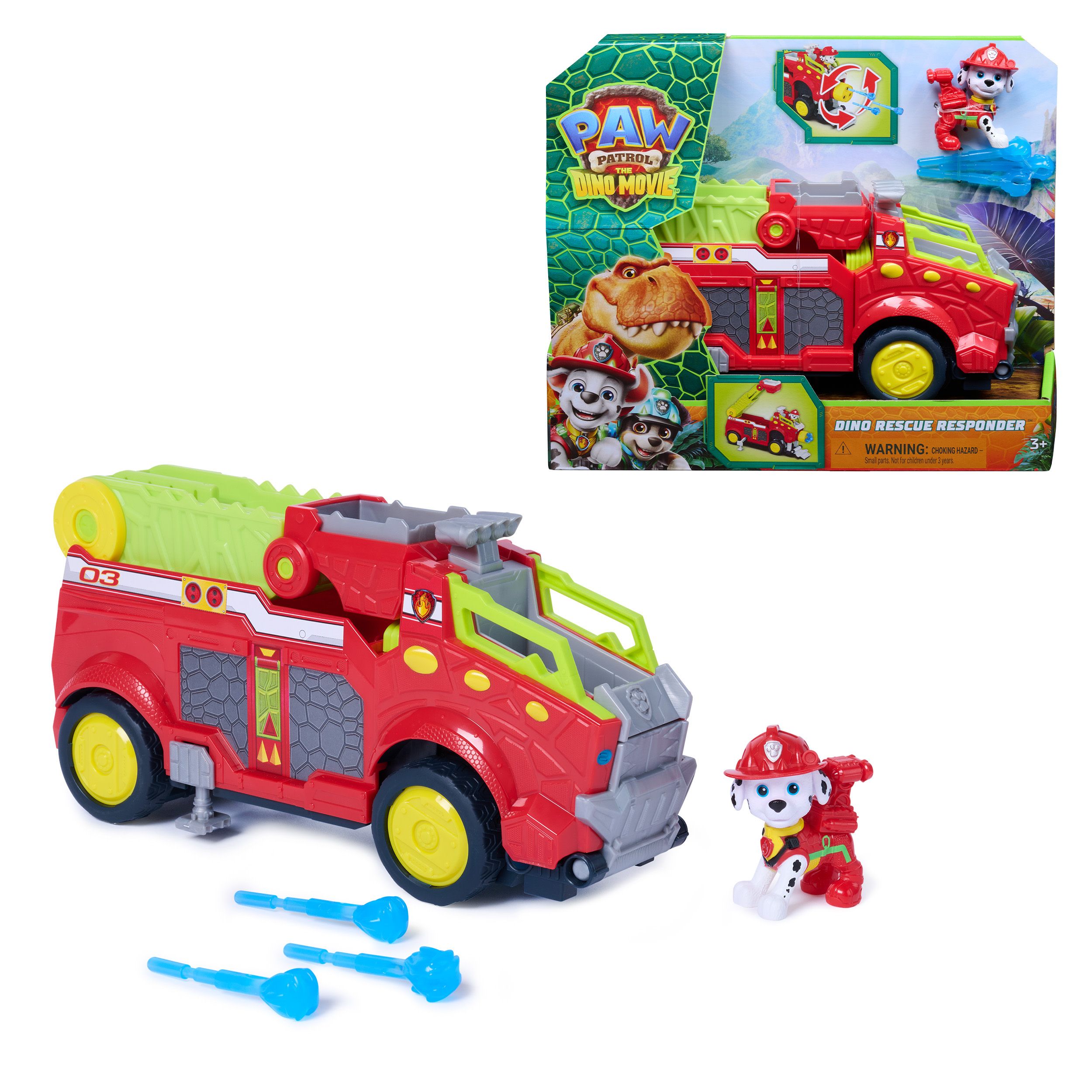 Spin Master PAW Patrol - De Dino Film, Dino Rescue Responder, speelgoedbrandweerwagen van meer dan 25,4 cm met Marshall-actiefiguur en 3 projectielen