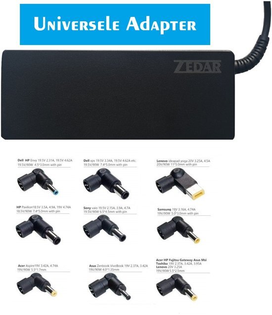 Zedar Universele laptop / notebook adapter 45W-65W-90W Asus- HP - Acer - Dell - Lenovo - Samsung - Sony - Â