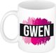 Bellatio Decorations Gwen naam cadeau koffie mok - beker - met roze verfstrepen - Cadeau collega - moederdag - verjaardag - juf - coach - 300 ml - wit