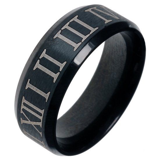 LGT JWLS Zwarte stalen ring met Romeinse Cijfers - 21mm