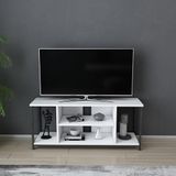 Hanah Home Stijlvolle tv-standaard, zwart & wit, 120 x 35 x 50,8 cm, 100% melamine gecoat deeltjesbord, 18 mm dik, duurzaam metalen frame, modern design voor de woonkamer