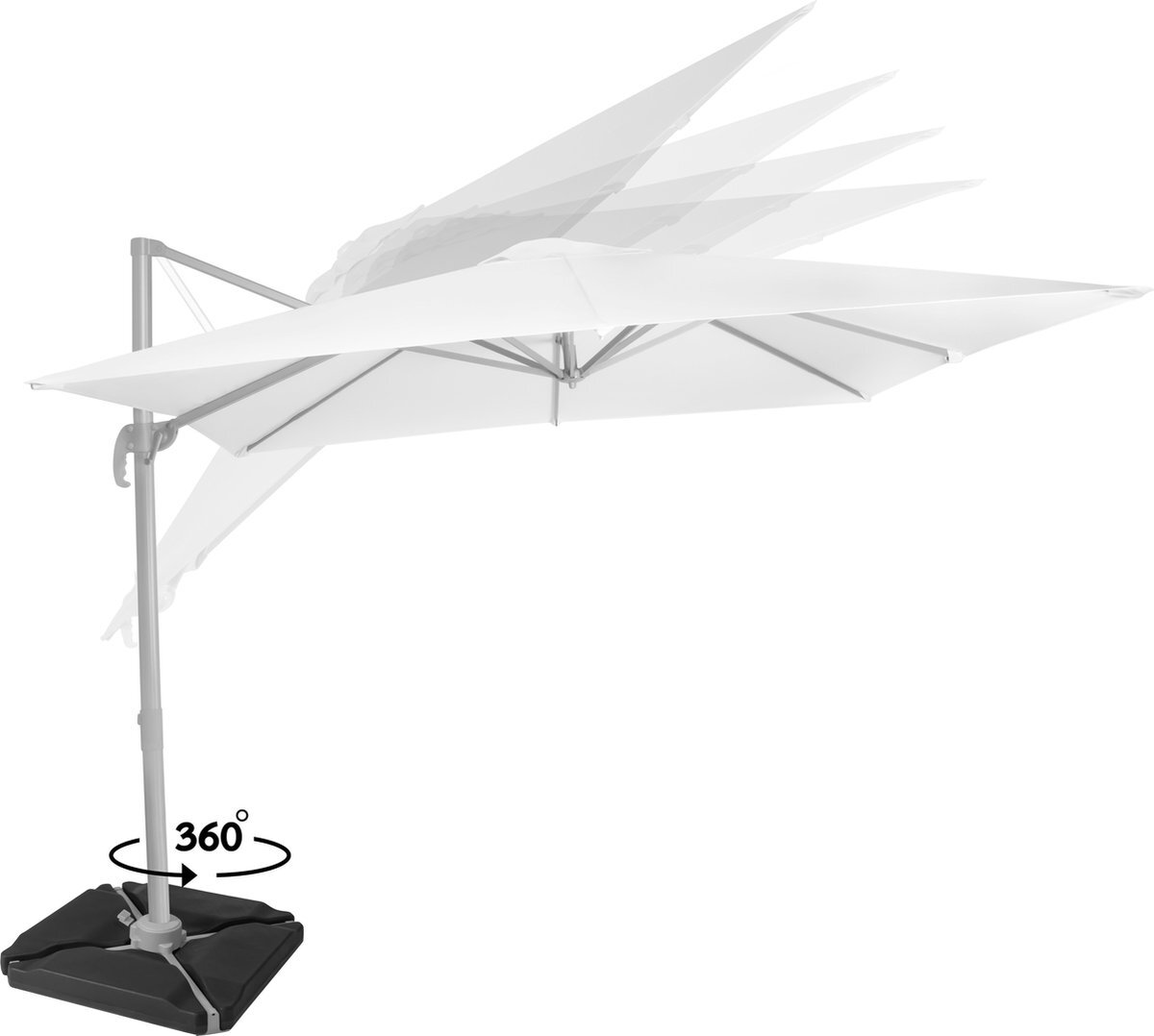 VONROC GARDEN VONROC Premium Zweefparasol Pisogne 300x300cm - Duurzame parasol - Combi set incl. 4 vulbare premium parasoltegels – 360 ° Draaibaar - Kantelbaar – UV werend doek – Wit – Incl. beschermhoes