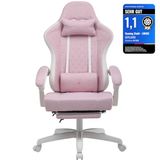 GTPLAYER Gaming stoel, ergonomische gaming fauteuil, bureaustoel, PC-gaming stoel, race stoel met stoffen bekleding, vering in de zitting met voetsteun, wit/roze