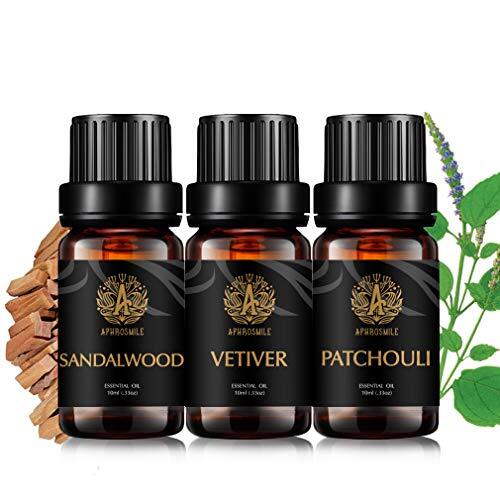 Aphrosmile 100% pure patchouli etherische olie set voor het maken van kaarsen, 3 x 10 ml therapeutische kwaliteit, vetiver etherische olie kit voor massage, aromatherapie sandelhout etherische oliën set voor diffuser