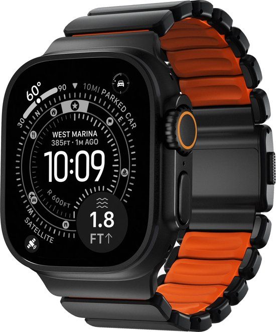 Nomad Stratos Horlogeband Zwart Hardware 45/46/49mm – Titanium Klasse 4 Hardware – Krasbestendige DLC-Coating – Compatibel met Apple Watch Series 1-11 en SE - Oranje