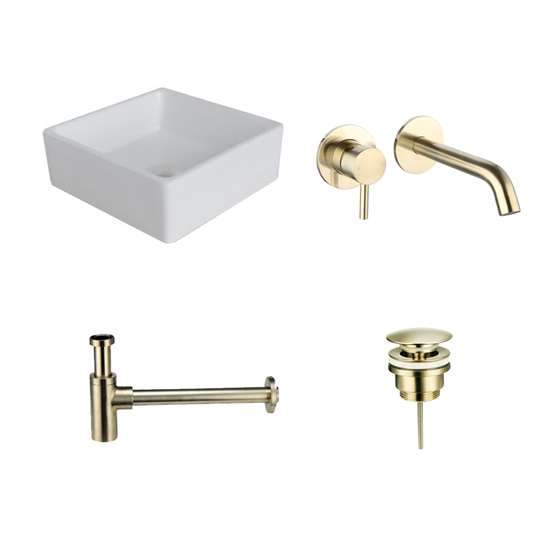 Badkamerplanet Keramische Waskomset Quatra Goud Inbouwkraan 38x38x13 cm