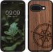 kwmobile hoesje geschikt voor Google Pixel 9a - Houten hoesje met bumper - Donkerbruin Vintage Kompas design