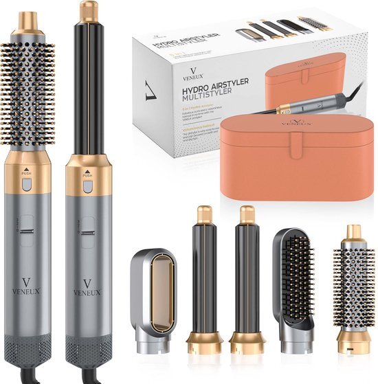 VENEUX® Föhnborstel - Airstyler - Krulborstel - Krultangen - 5 in 1 Multistyler - Met Opbergcase - Grijs Met Goud