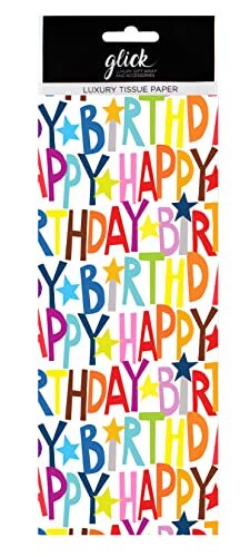 Glick Luxe zakpapier, PS Happy Birthday Multi grote vellen (x4), perfect voor cadeauverpakking, kunst & ambachten, 750 x 500 mm, meerkleurig
