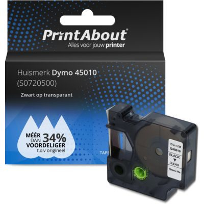 PrintAbout Huismerk Dymo 45010 (S0720500) Tape Zwart op transparant (12 mm)