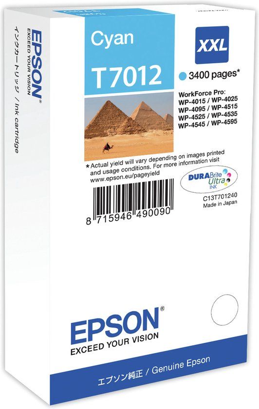 Epson Ink Cartridge XXL Cyan 3.4k single pack / cyaan