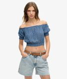 Superdry Haut Court À Manches Courtes Smocké, Bleu, Taille: 38
