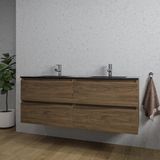 Saniclass Chaci Badkamermeubelset - 140x46x55cm - keramische wastafel zwart - 2 wasbakken - 2 kraangaten - 4 lades - noten