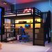 Lit superposé en métal pour jeux vidéo, dimensions 90x200 cm, avec éclairage LED, armoire, bureau et espace de rangement (noir)