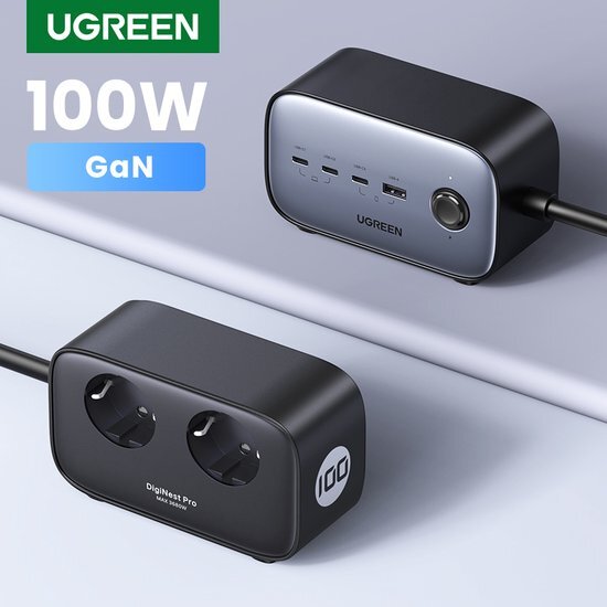 Ugreen DigiNest Pro 100W 3 USB C + 1 USB stekkerdoos USB C PD3.0 dubbele plug socket adapter met 180cm kabel voor MacBook Pro, iPad, iPhone.