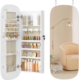 SONGMICS Armoire à bijoux, miroir, boîte à bijoux, organisateur avec lumière LED et serrure, plusieurs compartiments, pour boucles d'oreilles, collier, surface blanche et doublure grise