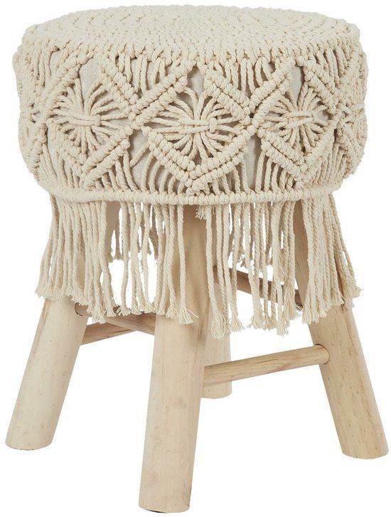 Home Deco Factory Bijzet krukje model Macrame - naturel - dennenhout - D32 x H42 cm