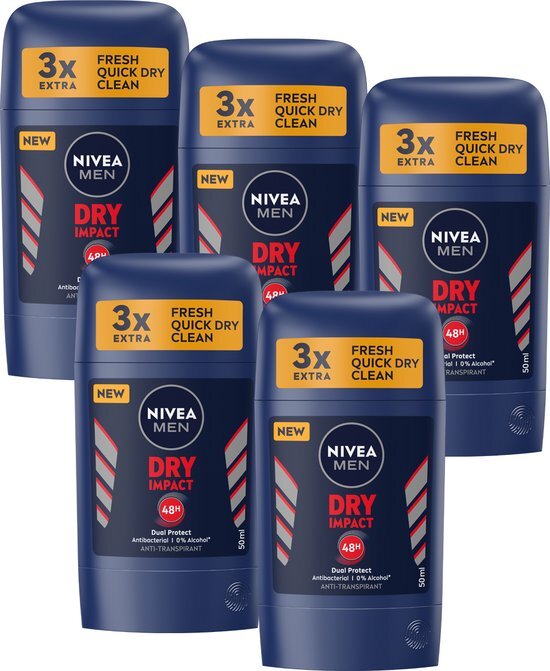NIVEA MEN Dry Impact Deodorant Stick - 48 uur bescherming - Dual Protect-formule - Alcoholvrij - Antibacterieel - Quick Dry - 5 x 50 ml