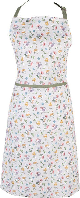 Clayre & Eef Keukenschort - 70x85 cm - Wit/Groen - Katoen - Bloemen