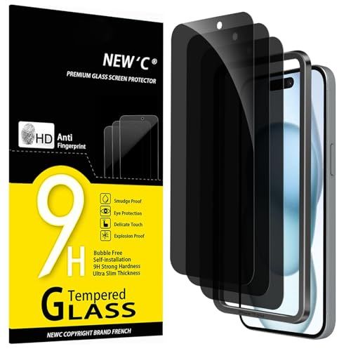 NEW'C 3 Stuks, Privacy Screen Protector voor iPhone 16 Plus,15 Plus (6,7 inch), Gehard Glass Schermbeschermer Film 0.33 mm Ultra transparant,Ultra resistent-Eenvoudig installatiegereedschap inbegrepen