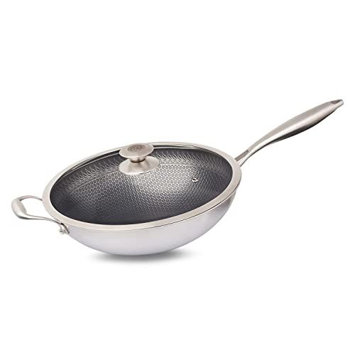 Reishunger Premium roestvrijstalen wok 32 cm, alle warmtebronnen, honingraatstructuur met anti-aanbaklaag, krasbestendig, vaatwasserbestendig, ovenbestendig