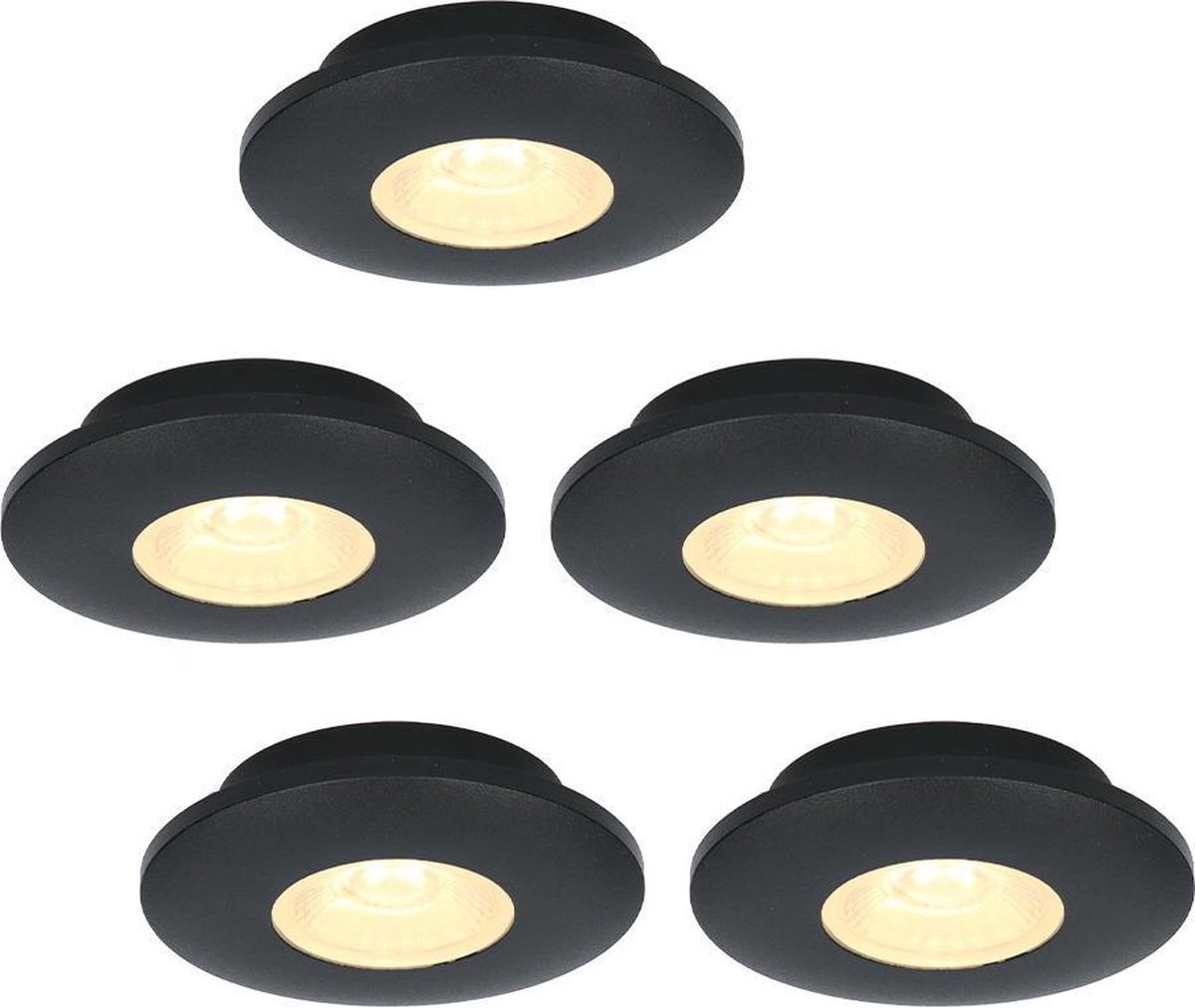 HOFTRONIC 5x Pavo - Platte inbouwspot - LED - Rond zaagmaat 53mm - Zwart - Dimbaar - Zeer lage inbouwdiepte 12mm - 3 Watt - 260 lumen - 230V - 2700K Extra warm wit - Plafondspots - Dunne inbouwspot voor badkamer en buiten -