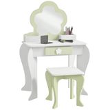 ZONEKIZ Toiletset met make-upspiegel voor meisjes met bijpassende kruk, houten toilettafel met lade en containers, bloemenspiegel, wit