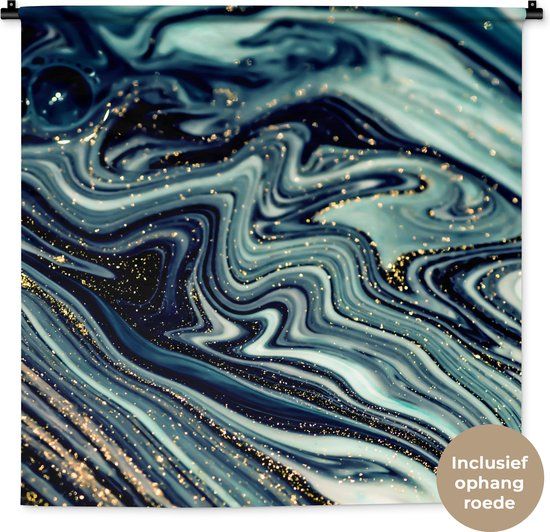 1001Tapestries Wandkleed - Marmer - Goud - Blauw - Glitter - 90x90 cm - Katoen