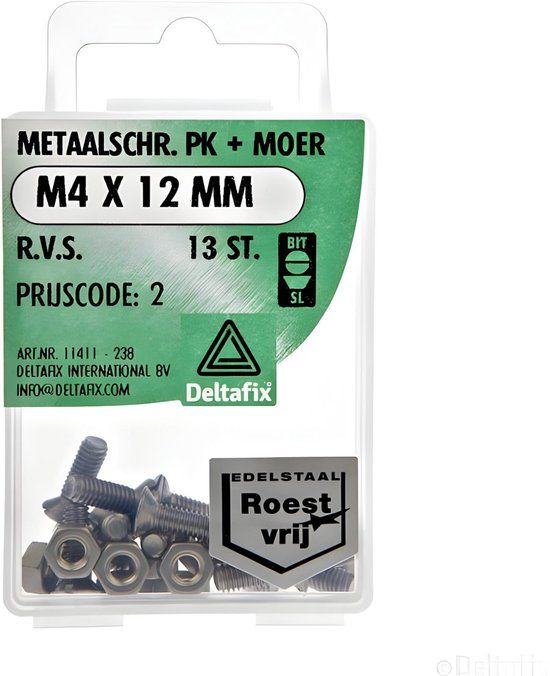 Deltafix M.schroef moer pk m4x12mm rvs 13st