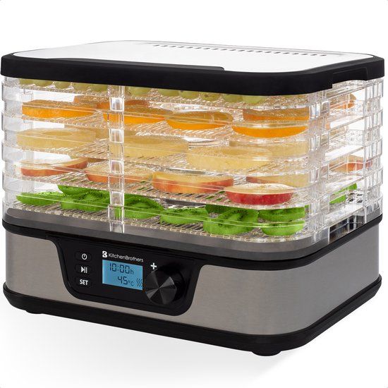 KitchenBrothers Voedseldroger - Droogoven Elektrisch 380W - BPA-vrij - 5 Laags - 9 Hitte-niveaus - 35°C tot 75°C - LCD Display - Timer - RVS/Zwart