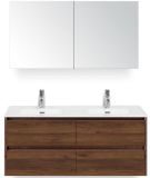 BES LED Dante Badmeubelset 120 cm - 4 Laden Walnoot - Keramische Wastafel Wit Cover met Spiegelkast