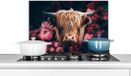 KitchenYeah Spatscherm keuken 70x50 cm - Koe - Schotse hooglander - Bloemen - botanisch - Aluminium