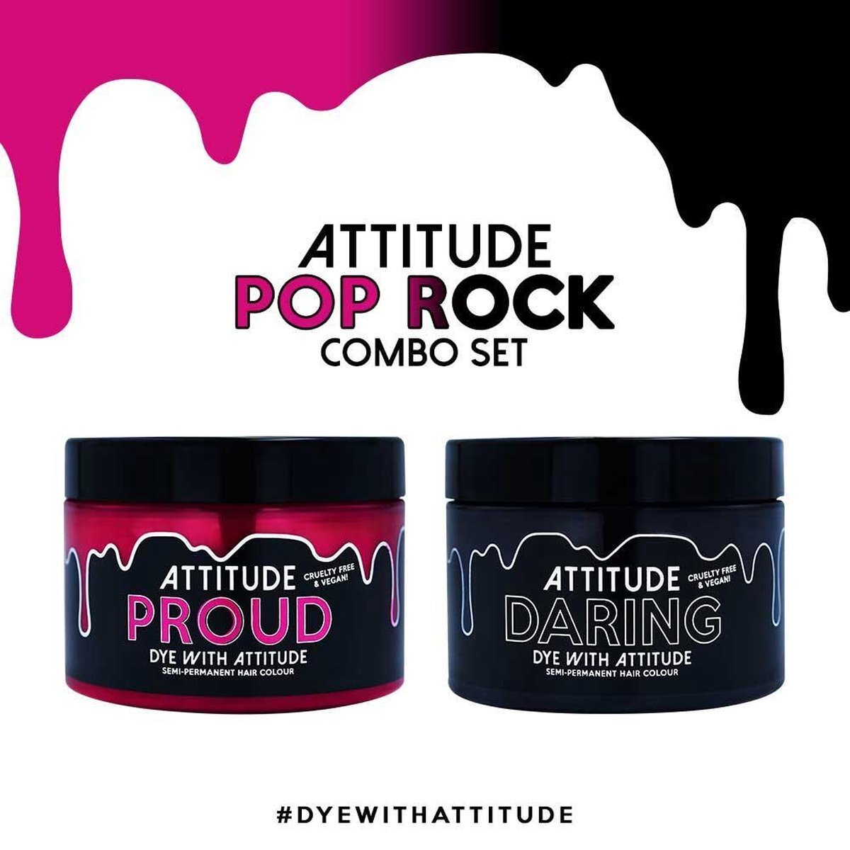 Attitude Holland Attitude Hair Dye Semi permanente haarverf POP ROCK Duo Combi set 2 potjes haarverf Zwart/Roze